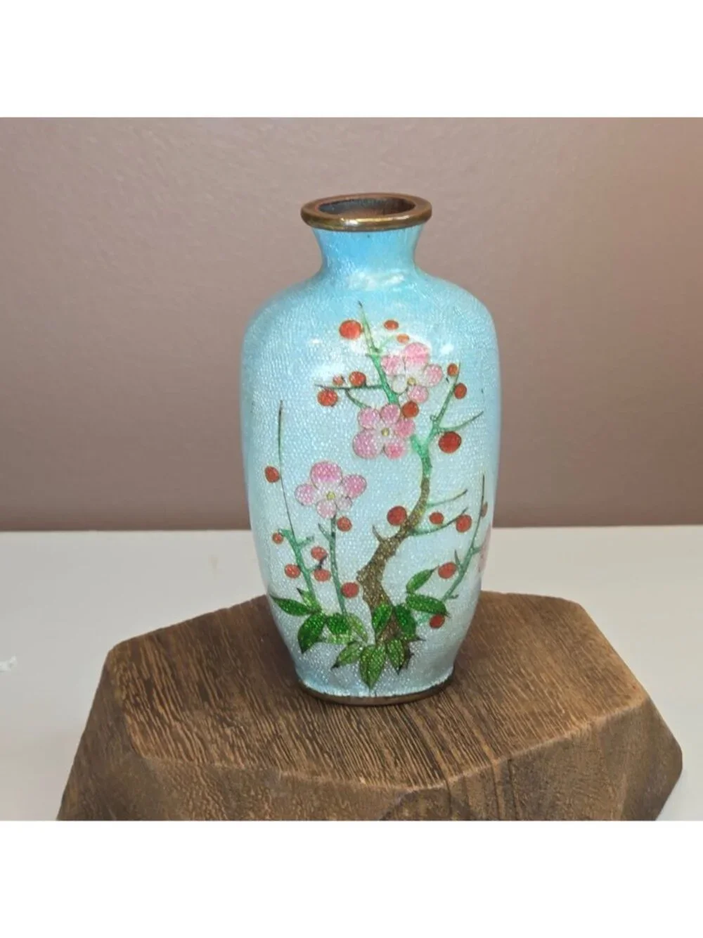 Antique 19th Century Japanese Meiji Mini Foil Enamel Bronze Vase Cherry Blossom